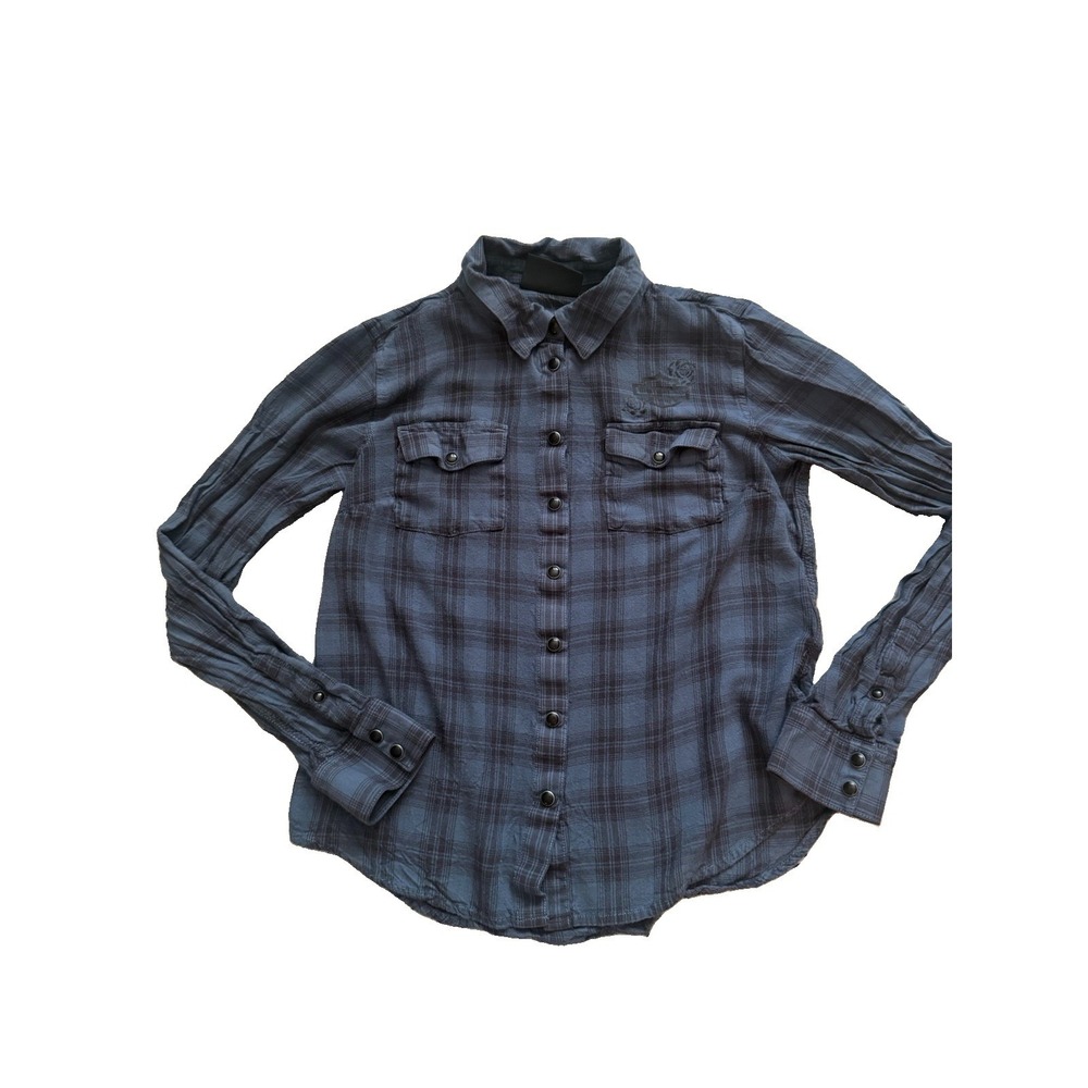 Harley-Davidson Blue Black Pearl Button-Up Long‎ Sleeve Plaid Shirt Women's M